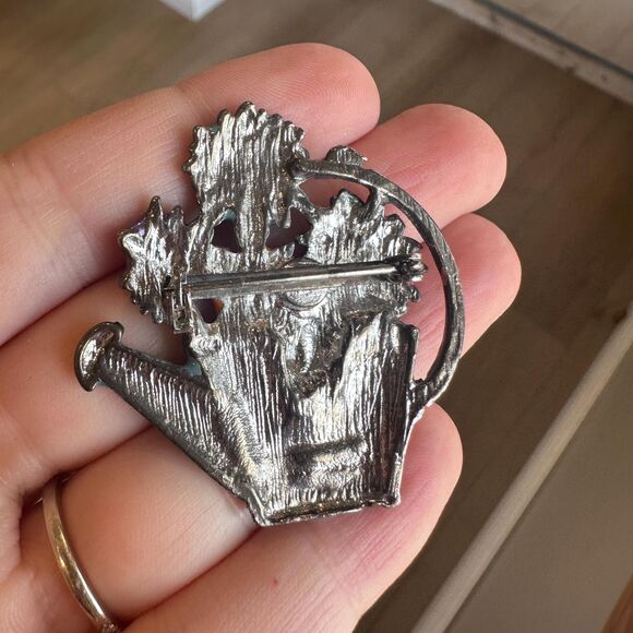 Vintage Enamel Flower Watering Can Floral Brooch Pin Colorful Spring - Picture 2 of 2